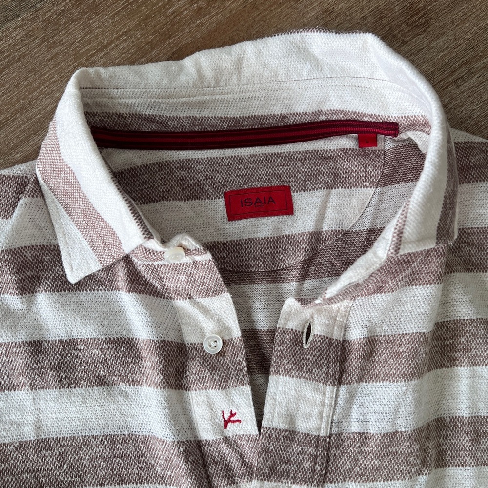 Isaia Linen Silk Cotton Blend Polo White Brown Stripes Men’s Large $995 Retail